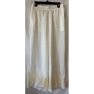 Cynthia Rowley White Linen Crochet Eyelet Lace Trim Wide Leg Capri Pants Boho L